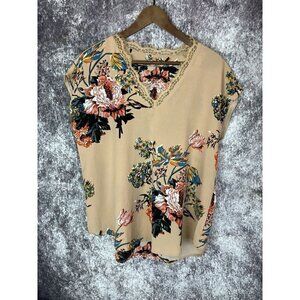 Shein Taupe Tan Lace Floral Loose Blouse Top Pullover Short Sleeve Large